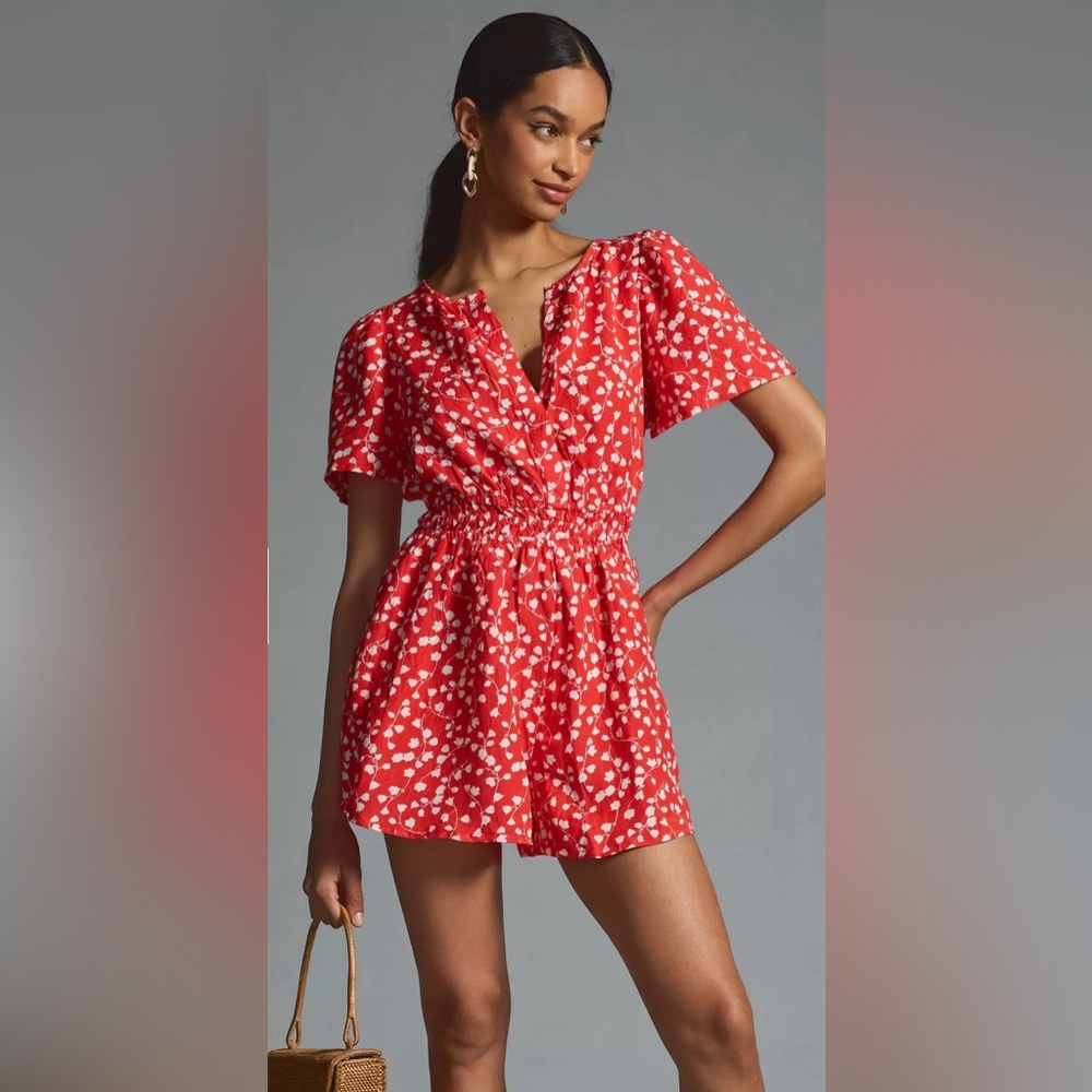 Anthropologie The Somerset linen red and white floral romper size small